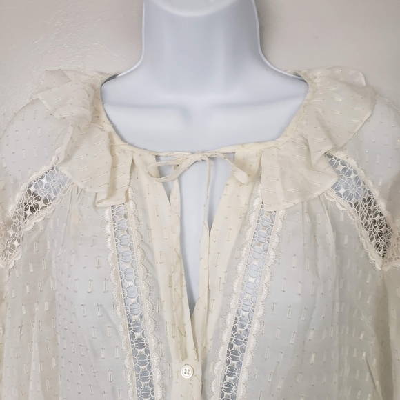 Sandro Women's 2 Ivory Long Sleeve Button Up Blouse Metallic Gold Silk Blend Top - Picture 2 of 11